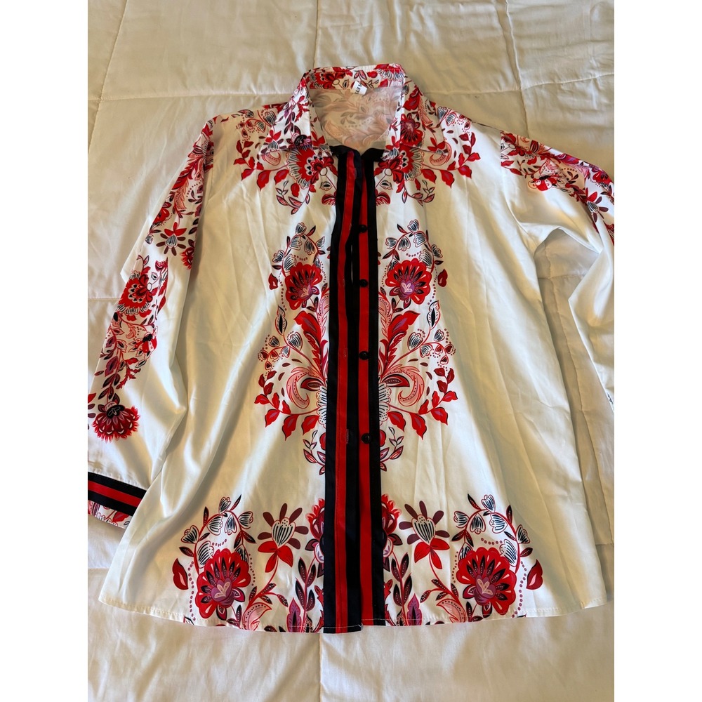 Panda Eyes Womens Floral Paisley Button Down Shirt Red Black White Long Sleeve